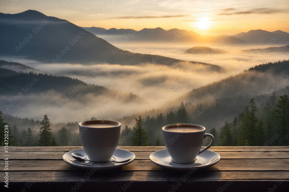 A cup of coffee on a table by the mountains with a view of the forest at sunrise and thin mist