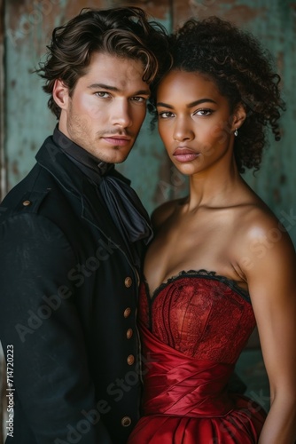 fashionable African American couple in red dress and black jacket