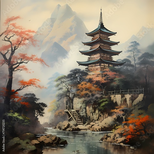 Japanese style landscape painting in traditional Japan do theme
