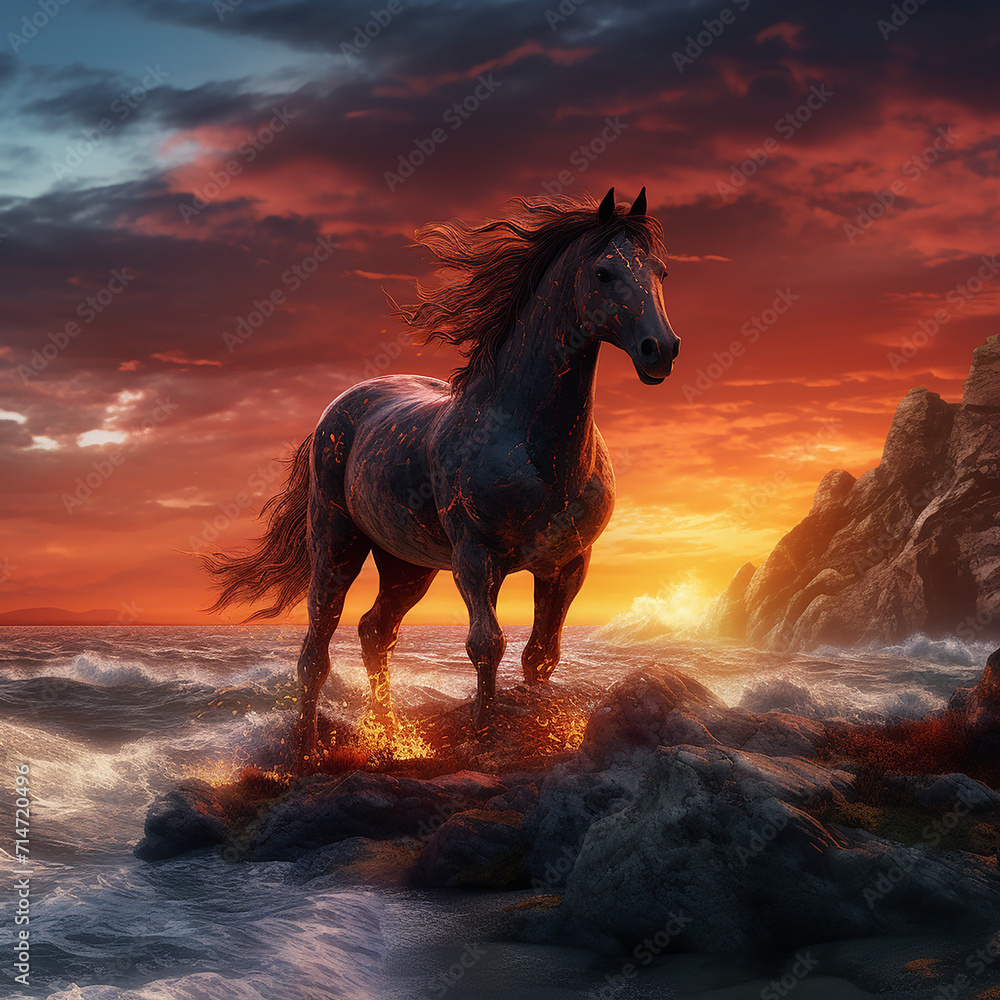 A horse is standing by the sea ai generative photo - obrazy, fototapety, plakaty 
