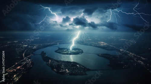 Aerial view of bright lightning strike onto ground in a thunderstorm at night.