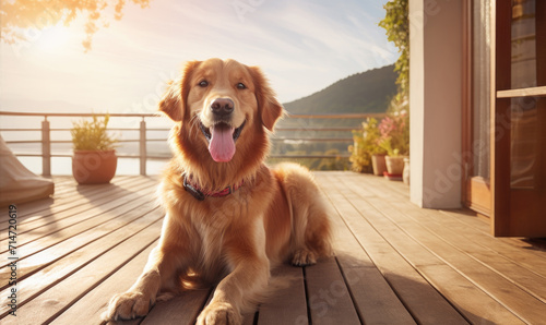 Happy dog on wooden terrace. © Filip