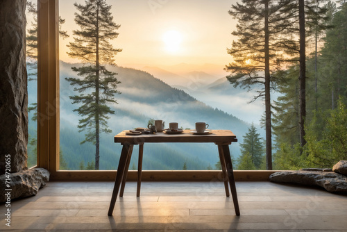 Mountainside table with forest views at sunrise and light mist photo