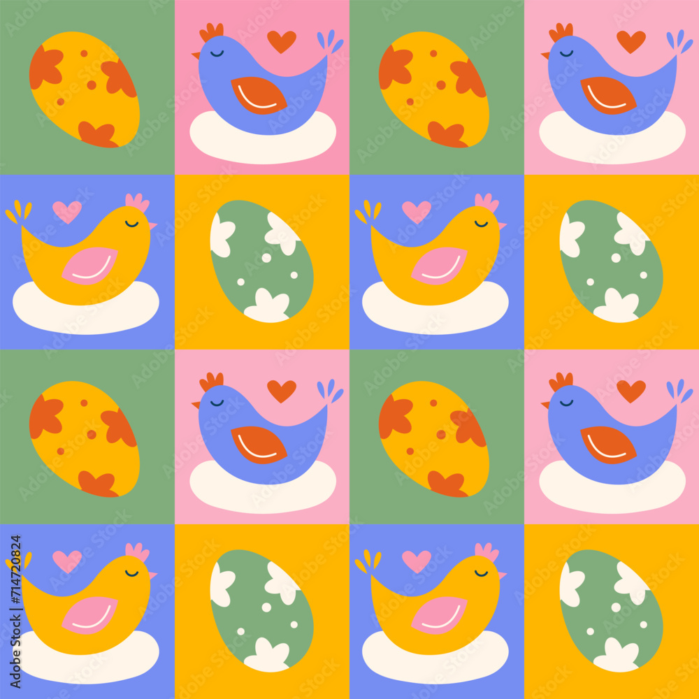 Minimalistic geometric Easter pattern with eggs and chicks. Bright color modern design background. Vector illustration