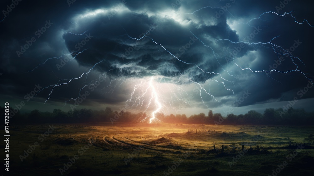Farm land with bright lightning strike in a thunderstorm at night.