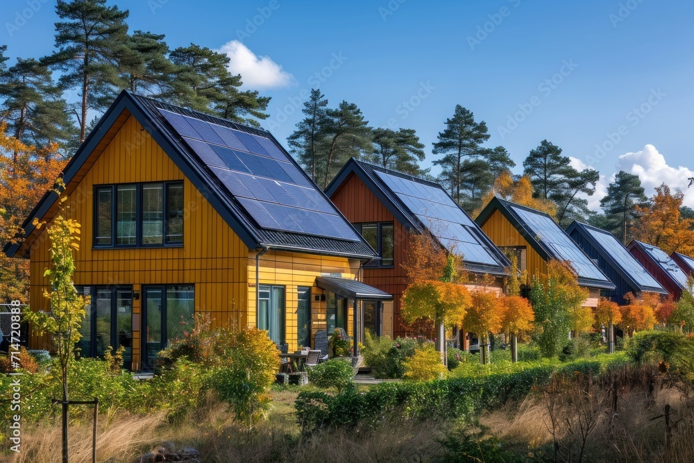 Row of modern wooden houses with solar panels on roof in autumn. Row of modern wooden houses with solar panels on roof in autumn.