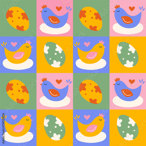 Minimalistic geometric Easter pattern with eggs and chicks. Bright color modern design background. Vector illustration