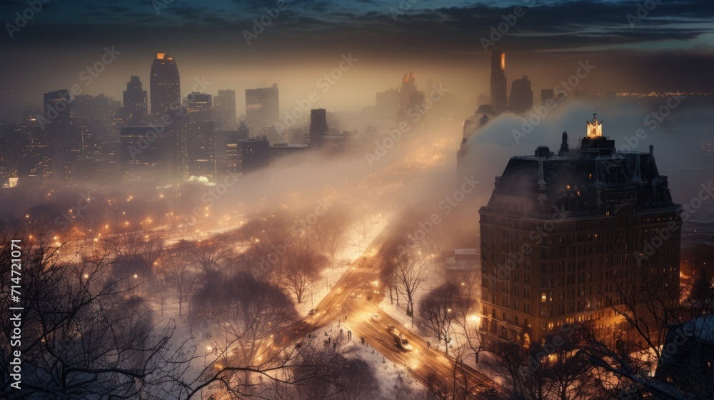 High angle view of a large city at night with snow and fog in winter. - obrazy, fototapety, plakaty 