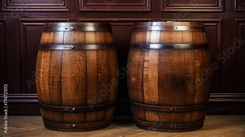 Two wooden barrels on wooden background in cellar of vinery. Generative AI