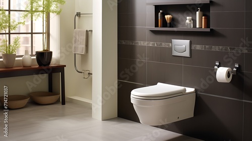 A wall-mounted toilet to save space.