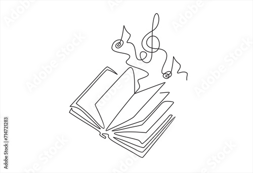 Book with treble clef and musical note one line art,hand drawn continuous contour.Creative design.Education studying learning concept,artistic template outline.Editable stroke.Isolated.Vector