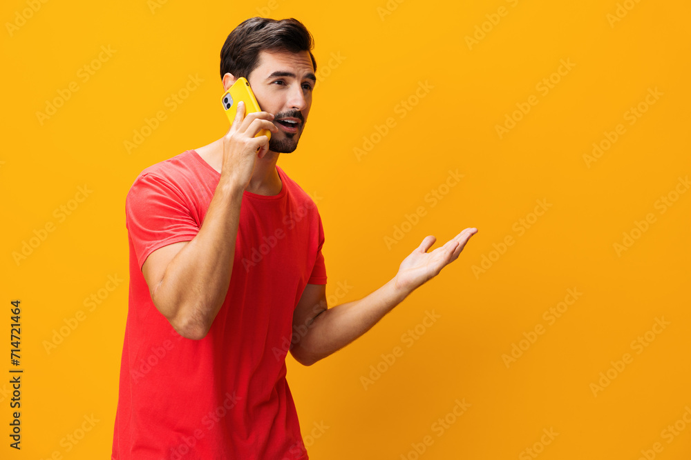 Smiling man space mobile portrait copy phone phone cyberspace communication smartphone yellow happy Smiling man space mobile portrait copy phone phone cyberspace communication smartphone yellow happy