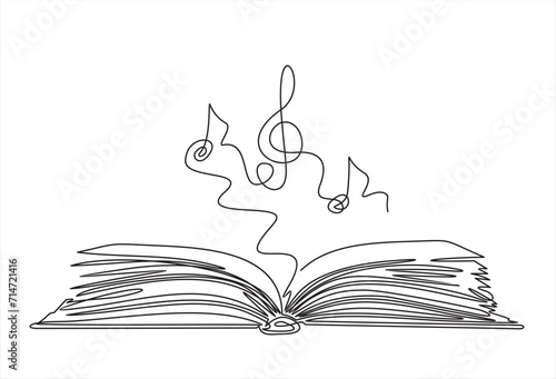 Book with treble clef and musical note one line art,hand drawn continuous contour.Creative design.Education studying learning concept,artistic template outline.Editable stroke.Isolated.Vector