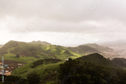 View of the green valley north coast of Tenerife on a rainy day, Canary Islands, Spain
