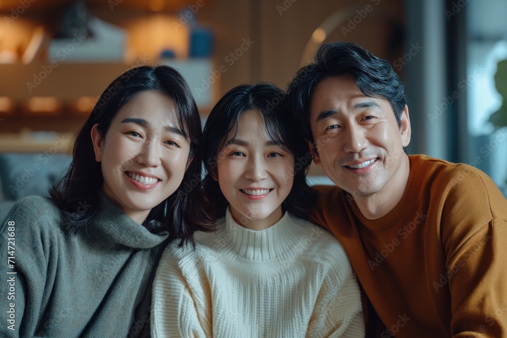Happy Asian family looking at camera while sitting on sofa at home Happy Asian family looking at camera while sitting on sofa at home
