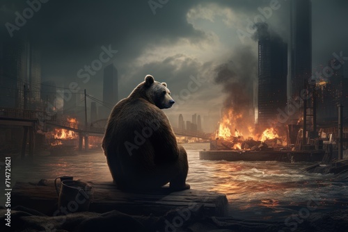 An aggressive bear with a destroyed city symbolizing finance and investment bear market concept. © Joyce