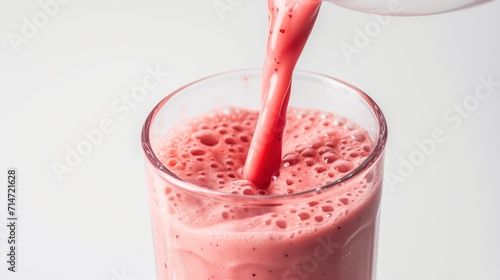 healthy raspberry and strawberry detox smoothie pouring into glass photo