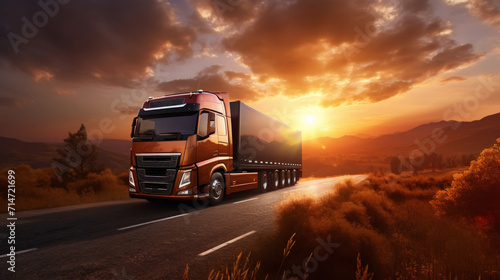 Truck on the asphalt road in rural landscape, sunset with dark clouds. Transport concept. Generative AI