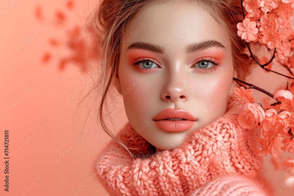 beautiful woman in peach color sweater is posing on an orange background beautiful woman in peach color sweater is posing on an orange background