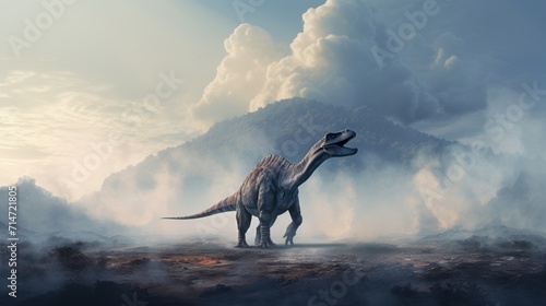 Dinosaur stands in foggy land with smoking volcano in prehistoric environment. Photorealistic. © Joyce