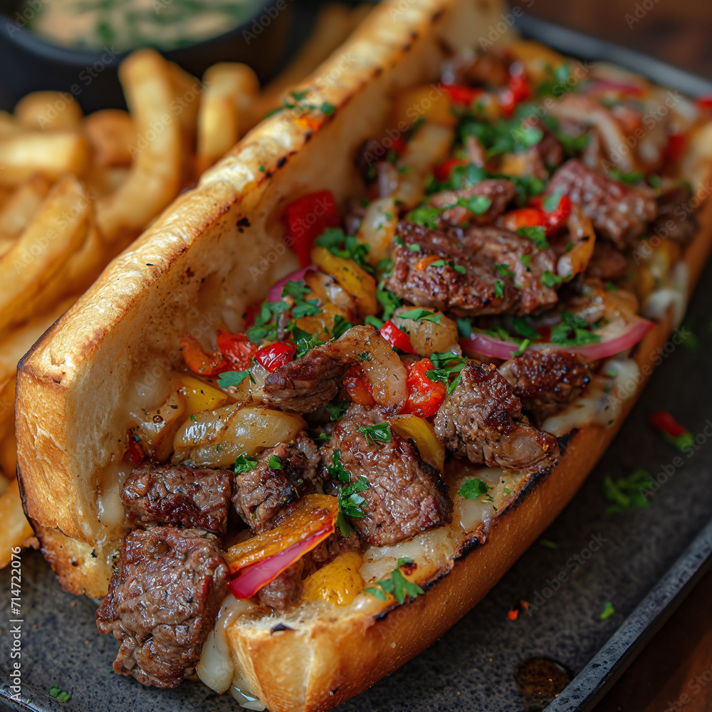 Sandwich Brötchen mit leckeren Steak in Gemüse und Pommes Frites ...