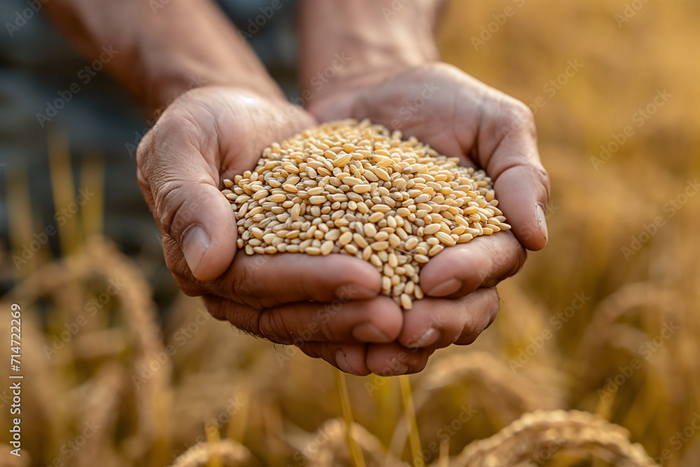 A Thai hand holds an ear of rice in his hand in the background of a rice field. A Thai hand holds an ear of rice in his hand in the background of a rice field.
