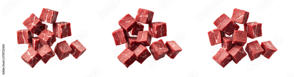 Falling meat beef cubes isolated on a transparent background Falling meat beef cubes isolated on a transparent background