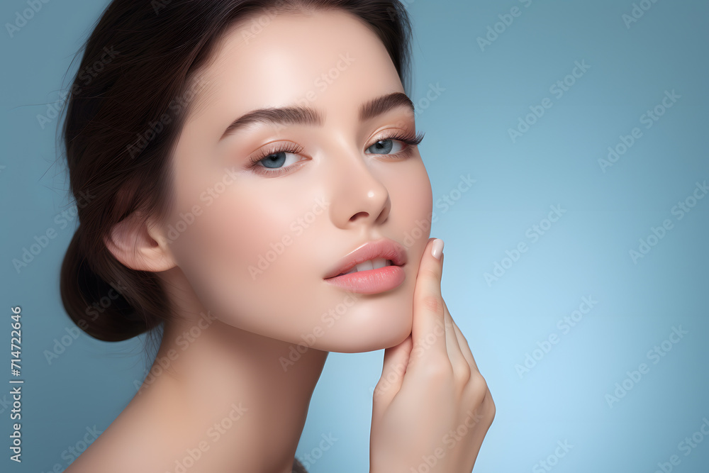 Beauty shot of young woman with brunette hair in front of blue studio background with copy space