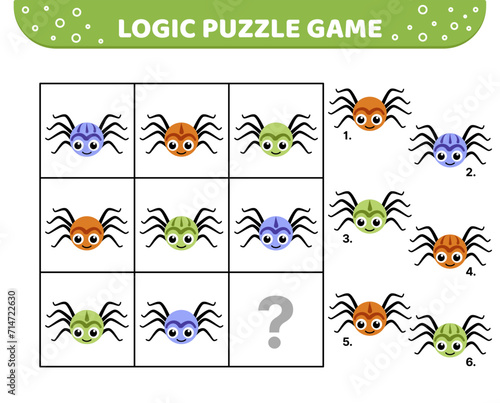 Logic puzzle game. Halloween spiders. For kids. Cartoon  flat