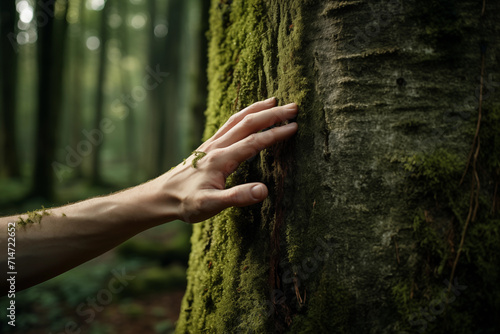 Hand on mossy trunk of tree trunk in the wild forest. Forest ecology. Wild nature, wild life
