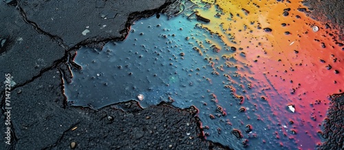 Colorful gas stain on wet asphalt creating an abstract rainbow effect, serving as a textured background due to a vehicle leak.