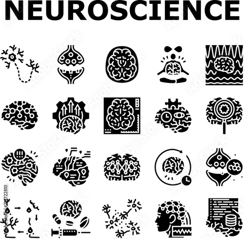 neuroscience brain neurology icons set vector. research medical, doctor technology, science health, neurosurgery scan, computer neuroscience brain neurology glyph pictogram Illustrations