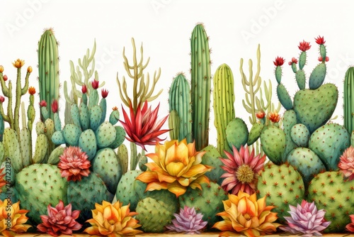 Watercolor seamless border cactus pattern.