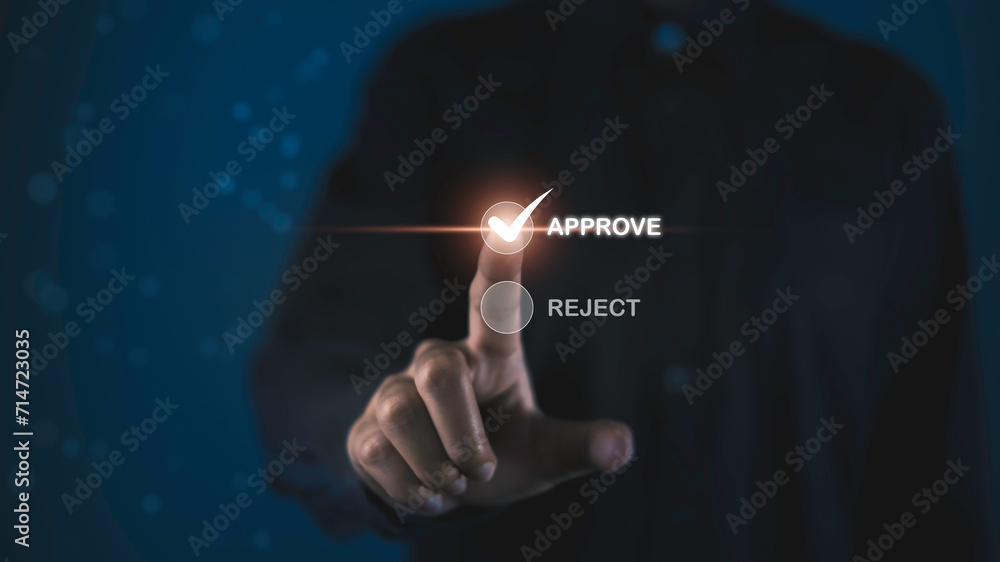 Approve document concept. Businessman touch on tick correct mark to ...