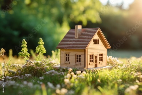 Miniature model of house on grass, summer outdoors