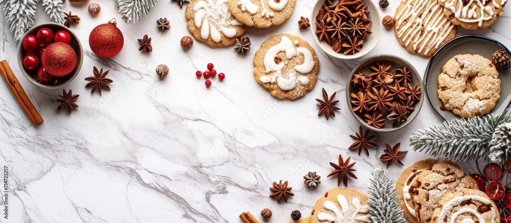 Christmas baking with various cookies and sweets on a white marble background.