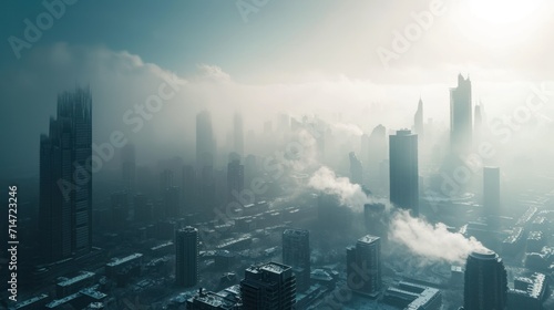 Cold winter with heavy snow of a futuristic city with modern skyscraper buildings. photo