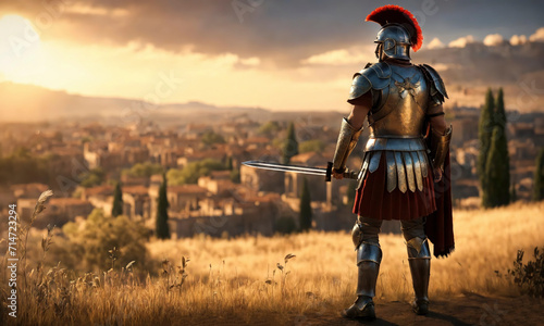 Roman male legionary, legionaries wear helmet with crest, long sword and scutum shield, heavy infantryman, realistic soldier of the army of the Roman Empire, on Rome background. Warrior Gladiator