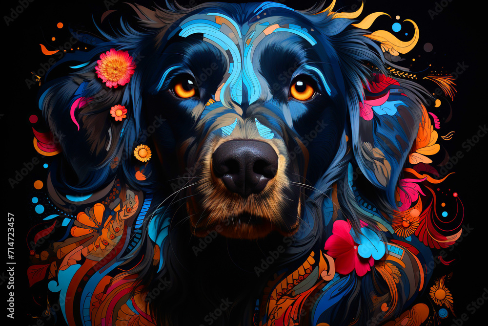 Abstract, multicolored neon portrait of a dog looking forward, in the style of pop art on a black background.
