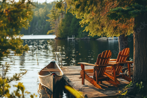 Fototapeta Naklejka Na Ścianę i Meble -  On a wooden dock by a lake in Muskoka, Ontario, Canada, two Adirondack chairs invite relaxation, while a red canoe is securely tethered to the pier