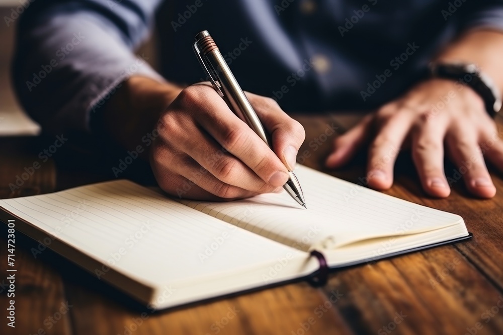 Man writes on empty notebook page with pen sitting at wooden table in room closeup Man writes on empty notebook page with pen sitting at wooden table in room closeup