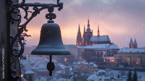 Bell closeup view with beautiful historical buildings at sunrise in winter in Prague city in Czech Republic in Europe.