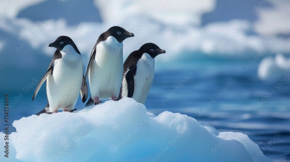Adelie penguins stand on an iceberg.  