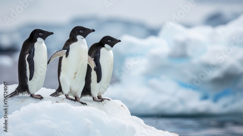 Adelie penguins stand on an iceberg.    