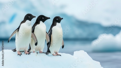 Adelie penguins stand on an iceberg.     © Emil