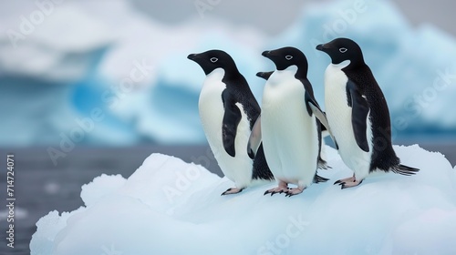 Adelie penguins stand on an iceberg.   