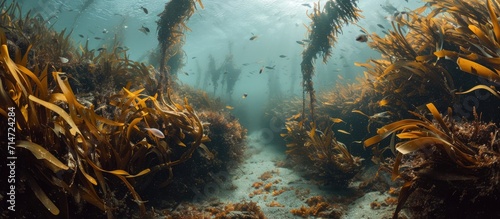 Covered with fine mud, there is a brown kelp called Ecklonia radiata amidst other underwater vegetation. photo