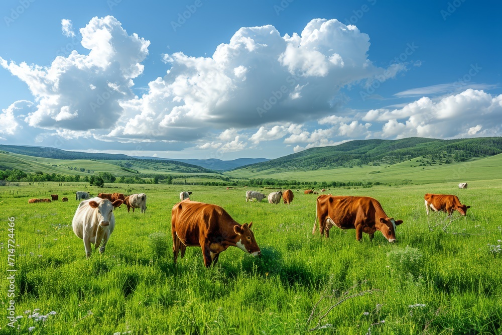 Cow eating grass on a green meadow