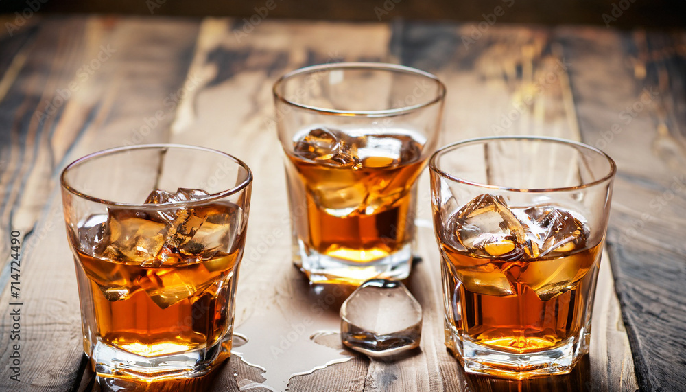 Glasses of whiskey with ice cubes on wood background