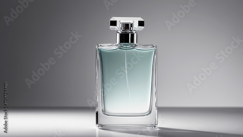 A clear glass perfume bottle with a blue-green liquid inside, set on a table with a light shining from above.